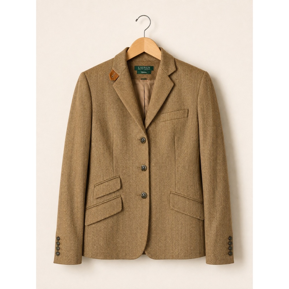Lauren Ralph Lauren Vintage Blazer Women Medium Tan Wool Herringbone Equestrian